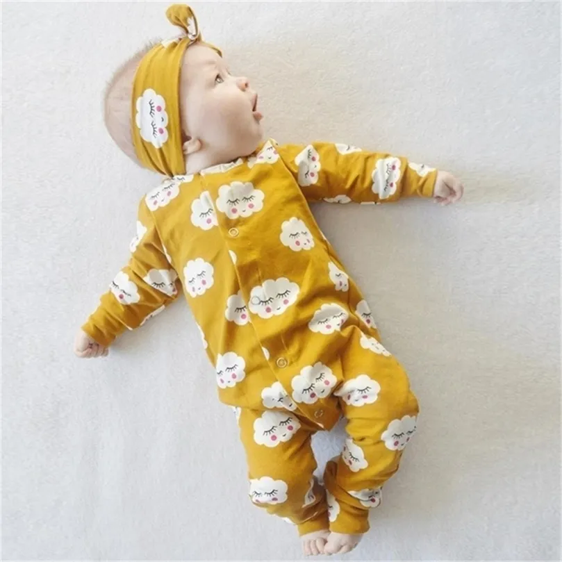 fashion born baby girl clothes White Cloud Long Baby Romper JumpsuitHeadband /suit Outfits Infant clothing set LJ201223