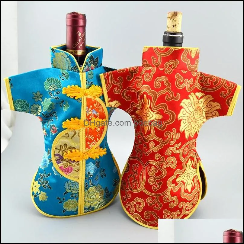 Vintage Chinese knot Christmas Wine Bottle Bag Dining Table Decoration Wine Cover Bottle Packaging Bags Silk Brocade Pouch fit 750ml