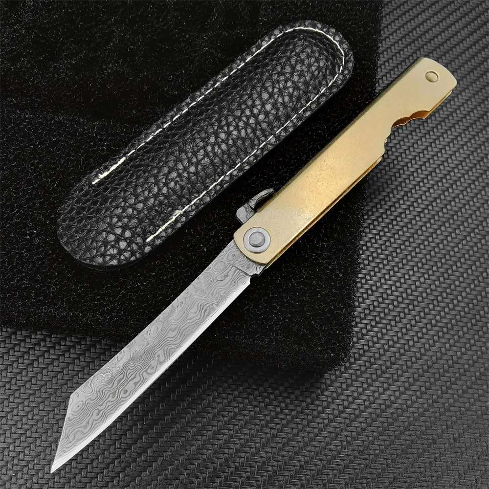 Японский мини-карманный нож Higonokami ручной работы VG10 Damascus Blade с латунной атласной ручкой Коллекционные ножи для любителей ножей Охота на открытом воздухе EDC Складные ножи Инструмент