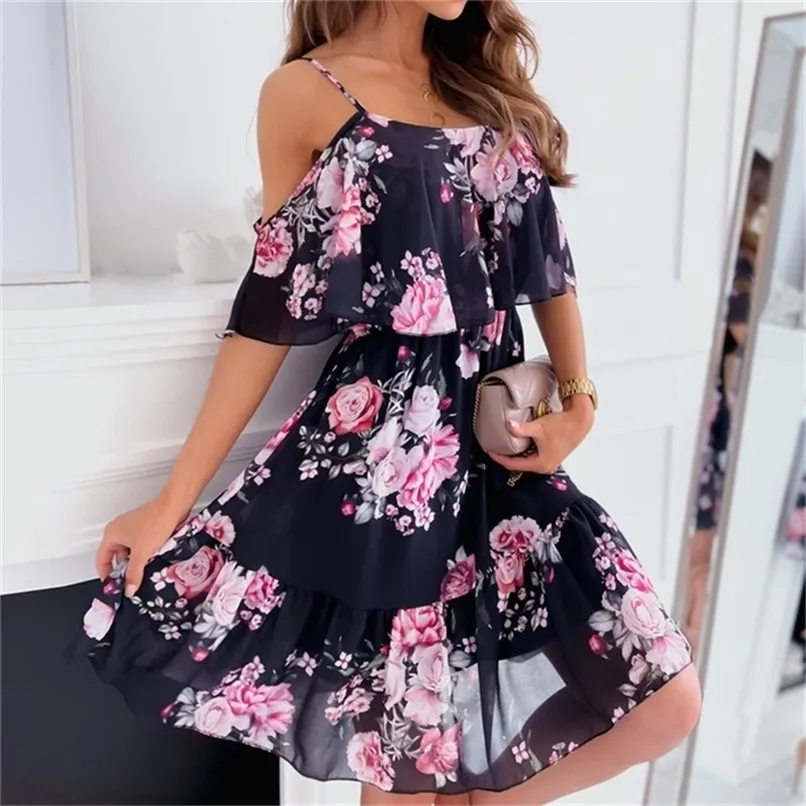 Zomer vrouw sexy spaghetti riem off shoulder floral print elegante jurk casual dames chiffon beach boho jurken vestidos 220406