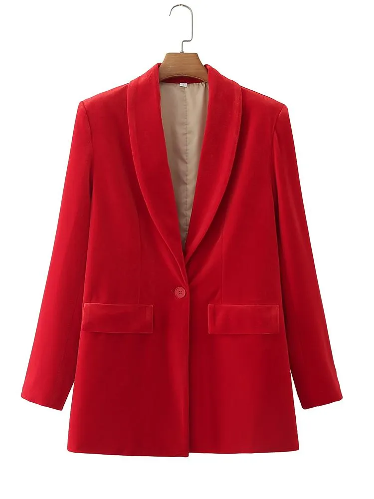 2022 Fashion Women Vintage Red Velvet Blazer Coat Long Sleeve Single