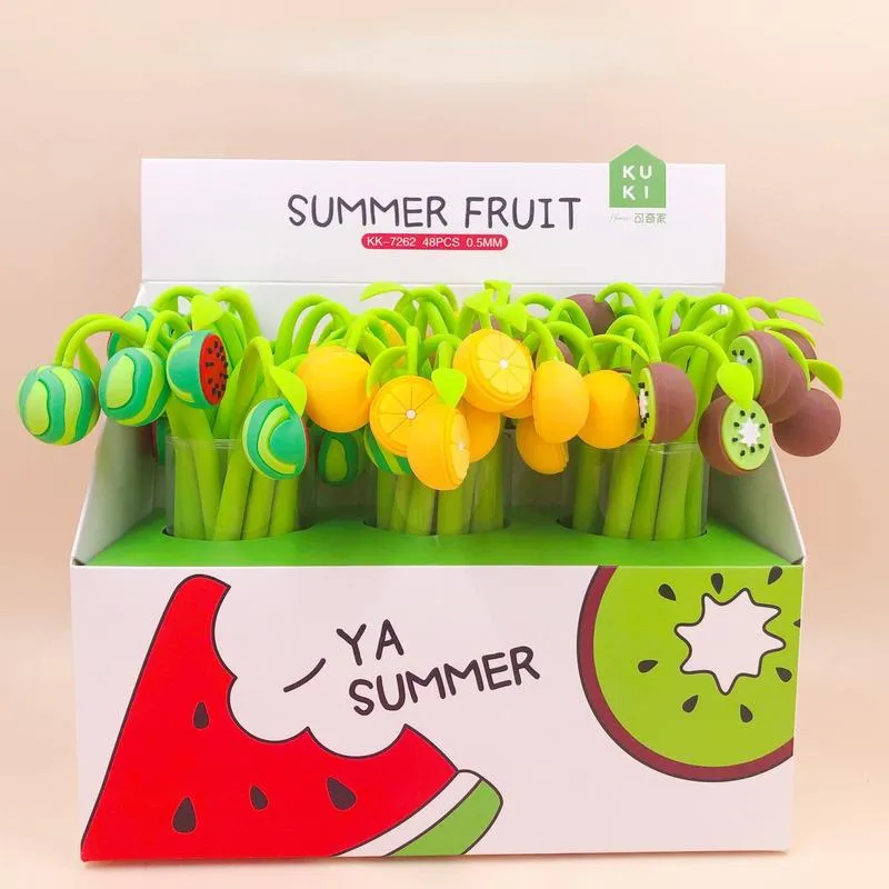 Penne gel 3pcs Cartoon Fruit Pen Soft Silicone Cute Stationery Supplies Kiwi Anguria Cantalupo 0.5mm Inchiostro nero