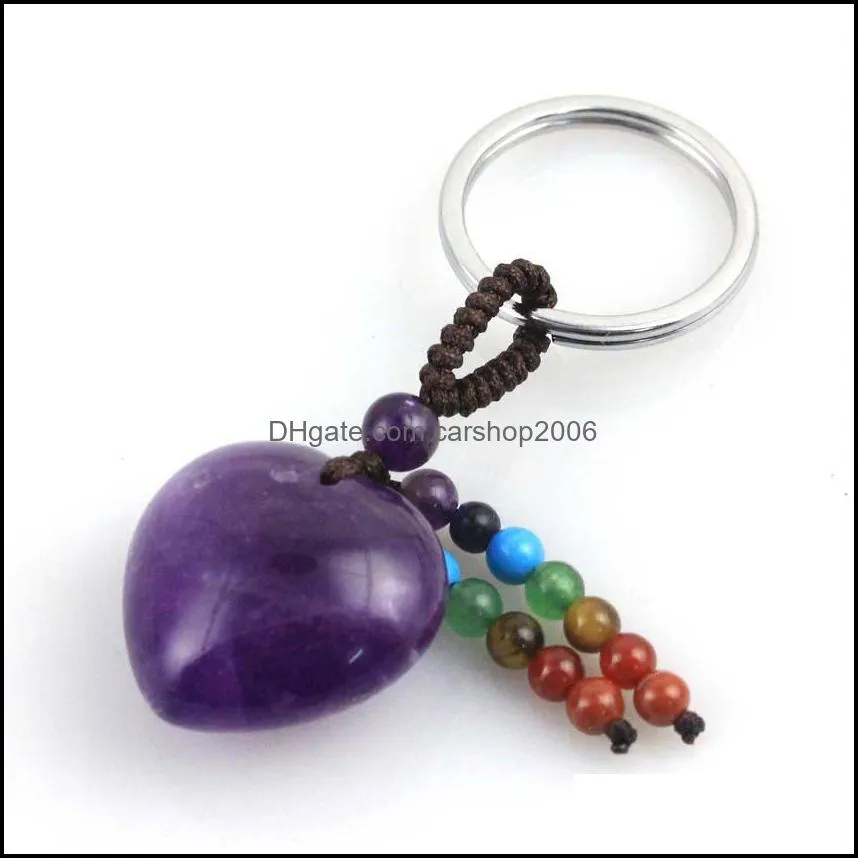 heart shape natural stone seven tassel key rings keychains silver color healing amethyst pink rose crystal car decor carshop2006