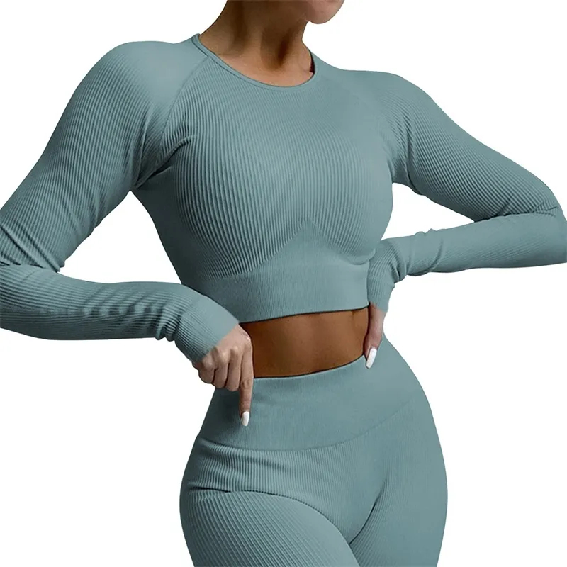 Kwaliteit Geribbelde Yoga Set Sportkleding Vrouwen Pak Voor fitness Naadloze Workout Kleding Lange Mouw Gym Kleding W220418