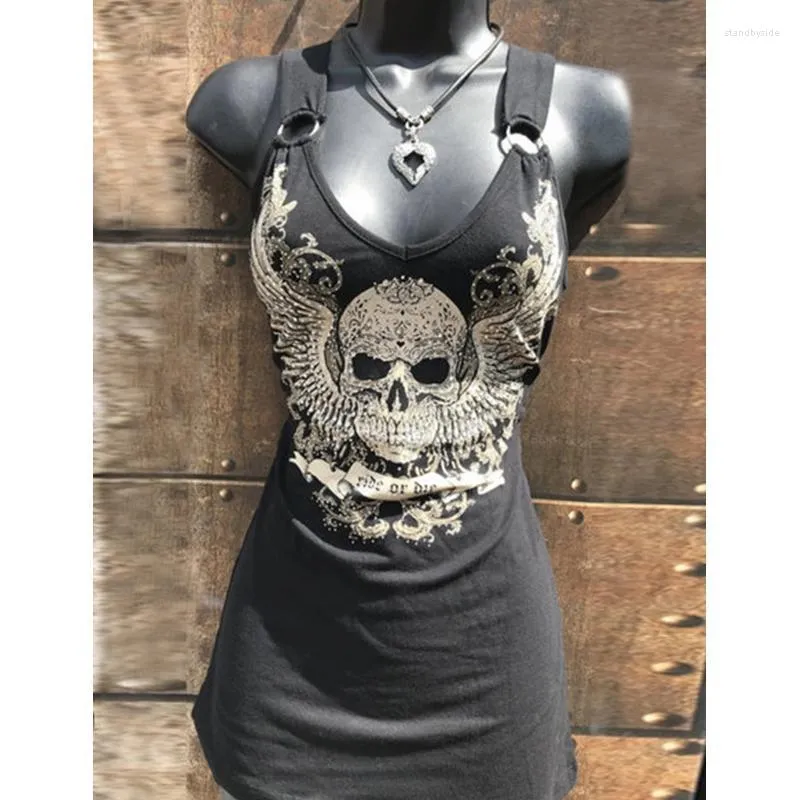 Kvinntankar Camis Skull Tops för kvinnor sommar sexig streetwear rund hals stor storlek gotisk svart spaghetti rem tank topkvinnor