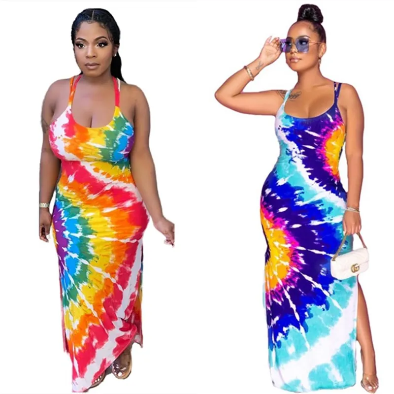 Mulheres maxi vestidos casuais roupas de verão clube sexy clube elegante mangas sem mangas backless tie corante gradiente dividido bainha coluna Holiday noite desgaste bveachwear 03582