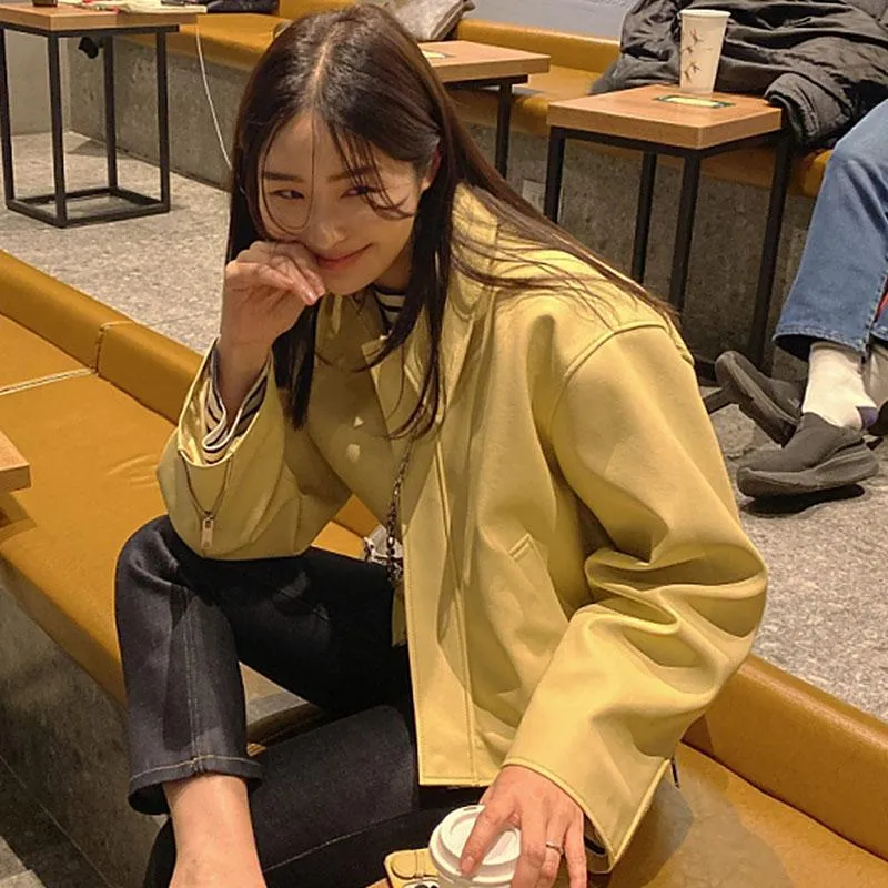 Kvinnors jackor koreansk stil chic avstäng av krage pu läderjacka kvinnor enkel lös casual streetwear vintage kvinna rockar vår 2022 till