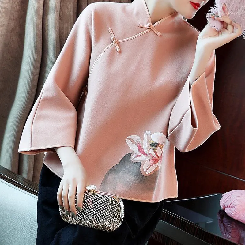 Ethnic Clothing Retro Satin Chinese Style Women 3/4 Sleeve Cheongsam Tops Autumn Winter Vintage Button Blouse Casual Print Floral Shirt