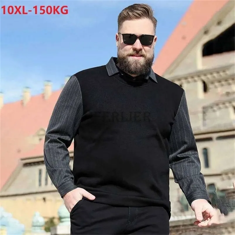 autumn spring men polo shirts striped long sleeve large size 8XL 9XL 10XL patchwork turn down collar tees loose casual tops 54 220402