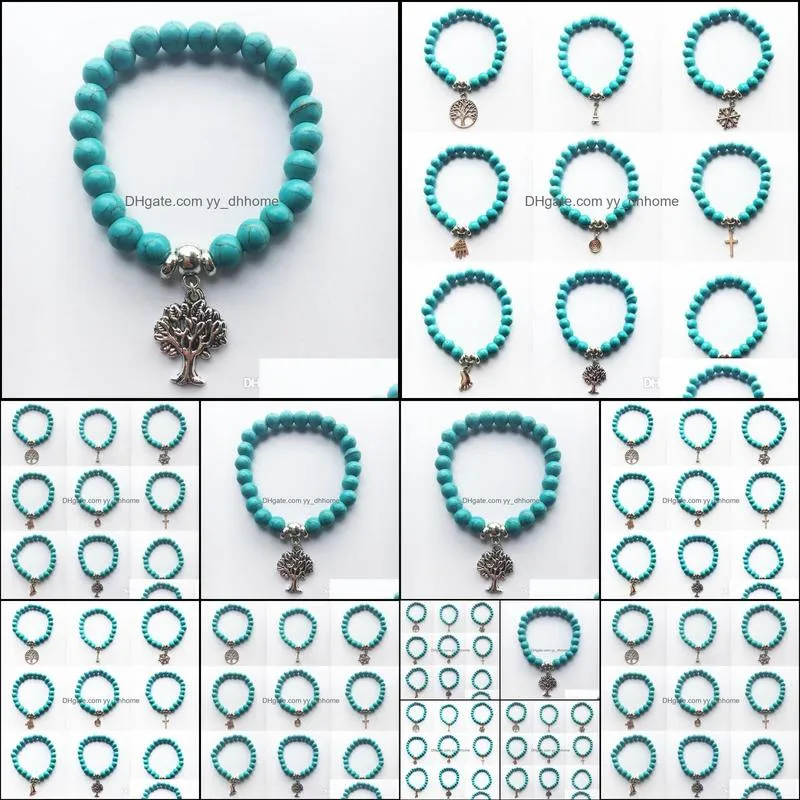 NEW Natural Stone Turquoise Prayer Beads Bracelets fish Tree of Life Charm Buddha Bracelet jewelry supplies