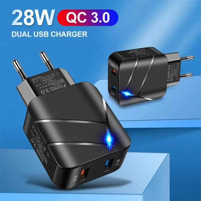 28W QC3.0 듀얼 USB 충전기 어댑터 EU 플러그 여행 벽 지원 빠른 충전 3.0 빠른 충전 휴대폰 충전기