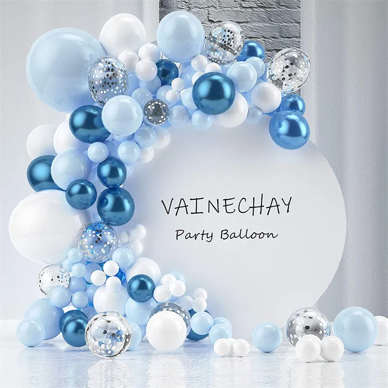 Metallic Blue Balloon Arch Garland Kit Macaron White and Silver Confetti LaTex Balloon Birthy Baby Shower Wedding Party Decoration MJ0713