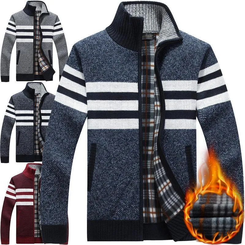 Men's Sweaters Knitted Fleece Sweater Men Striped Cardigans Coats Winter Thick Warm Wool Jacket Sweatercoat Stand Collar Knitwear Male Cloth