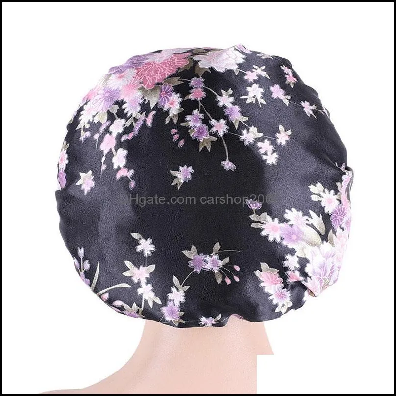 women girl satin flower print caps bonnet night sleeping hat hair care head wrap beanie fashion accessories