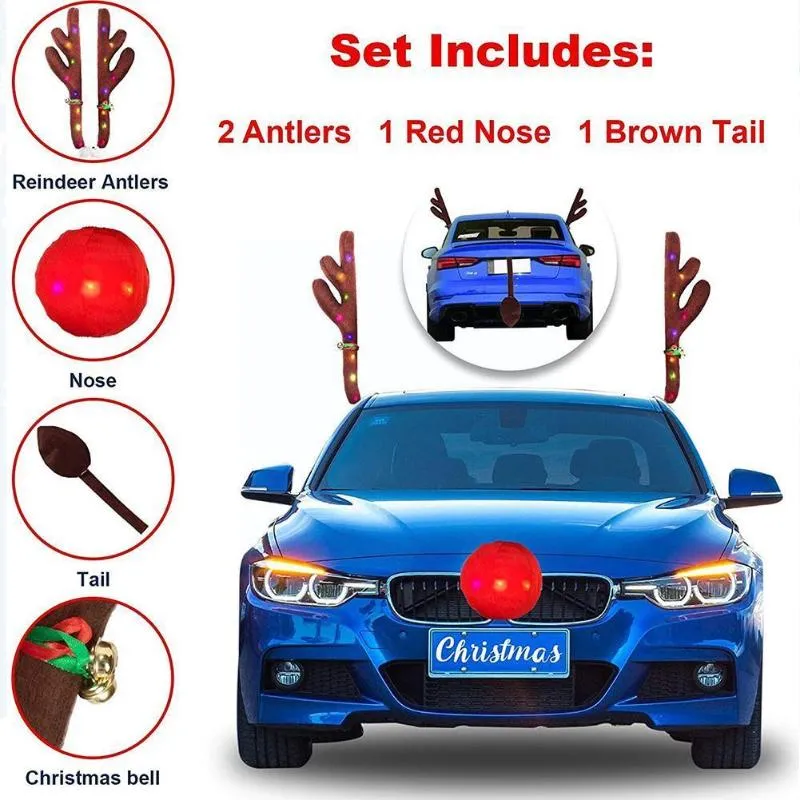 Reindeer Car Kit Christmas Reindeer Antler And Nose Vehicle Costume  Luminous Car Reindeer Antlers With Nose Tail Auto Holiday