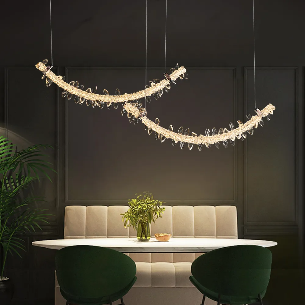 Nouveau lustre de barre de cristal de diamant Design créatif lampes à LED suspendues châssis d'éclairage chromé pour salle à manger salon cuisine