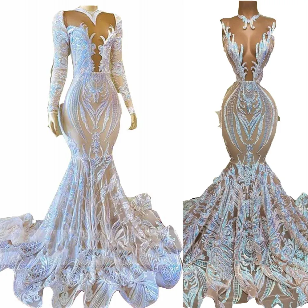 2022 Black Girls Sexy Prom Dresses Sequined Lace Long Sleeves Sleeveless Backless ruffles sweep train Mermaid African Evening Dress Wear robes de soirée