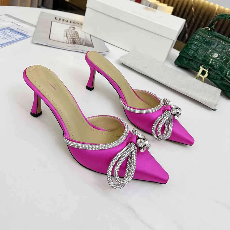 Luxury Rhinestone Wedding Slippers 6.5Cm Stiletto Heels Bowties Silk Party Slides Dress Shoes Designer Sandals