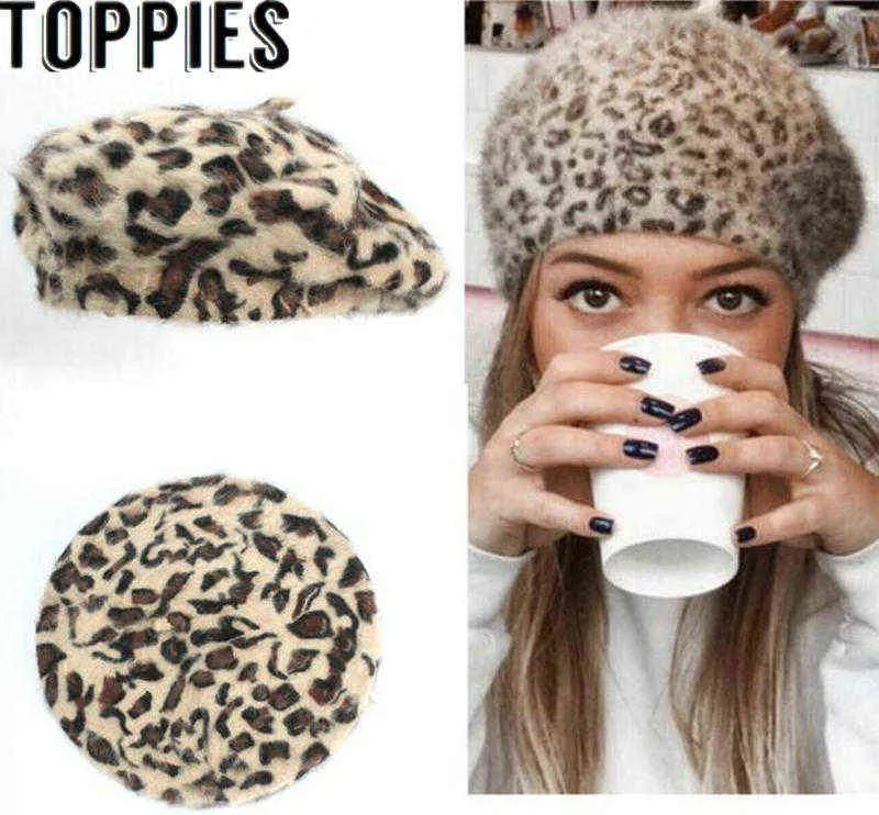 2021 inverno chique mulheres fuzzy coelho cabelo leopardo boinas quente aconchegante animal impresso coelho cabelo de malha chapéus j220722