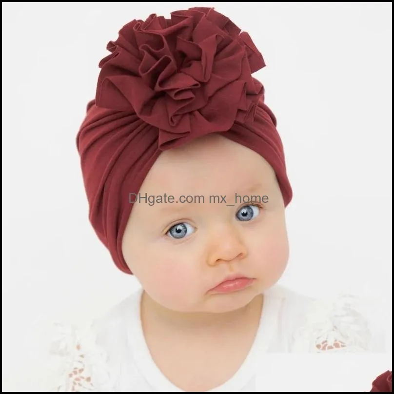 Soft Cotton Solid Turban Hats Caps Beanies Headwraps with Big Flower Bow for Baby Girls Infants Toddlers Kids