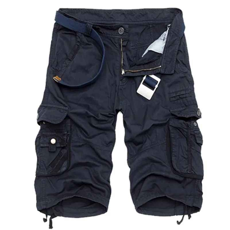 Summer Cotton Men Fashion Multi Pocket Solid Color Causal Mens Loose Outdoor Mid Cargo Shorts No Belt 220611