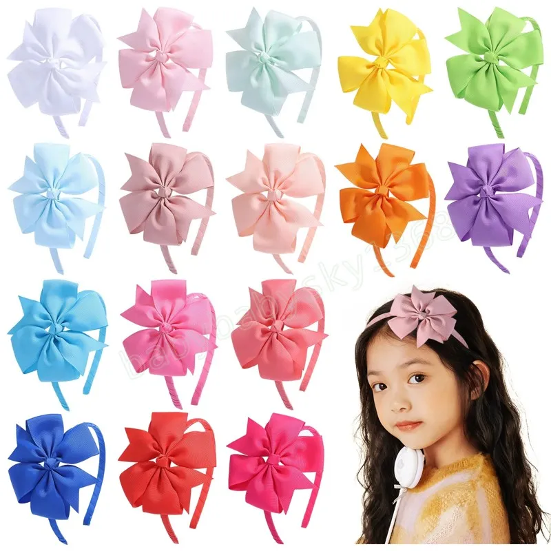 Colorful Pinwheel Hairband Flower For Girls With Grosgrain Ribbon Bow 4