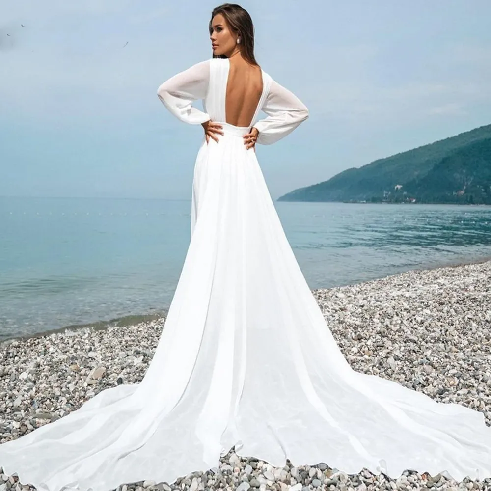 Elegante elegante eenvoudige trouwjurk lange puffy mouw open rug boho boot nek strand sweep trein chiffon ruches bruid jurk op maat gemaakt