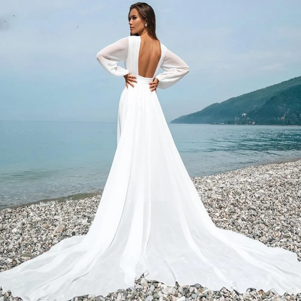 elegant simple wedding dress Modern Elegant Formal A-Line Boho Lace Wedding Dress Casual Flowy Plun –  DorrisDress main image 1