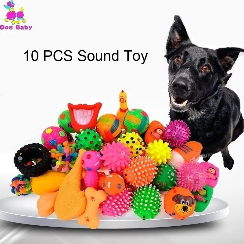 10st Random Pet Dog Toy Puppy Cat Vinyl Ball Squeaky Quack Chew Sound Play Hämtande roligt för Small Y200330