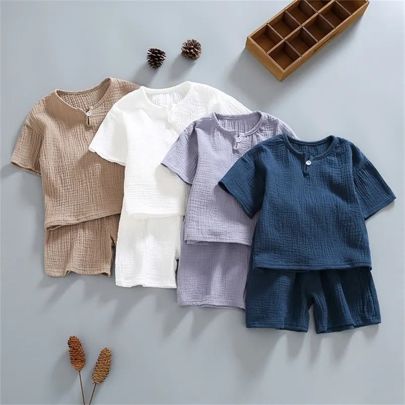 Summer Clothing Sets Organic Double Gauze Cotton Home Wear Kids Clothes Suit Pajama Short Sleeve Shorts White 220620