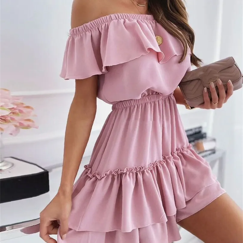 Casual Fashion Pink Slash Neck Mini Dress Women Summer Sexy Off shoulder Ruffle Stitching Woman Elegant Party es 220613