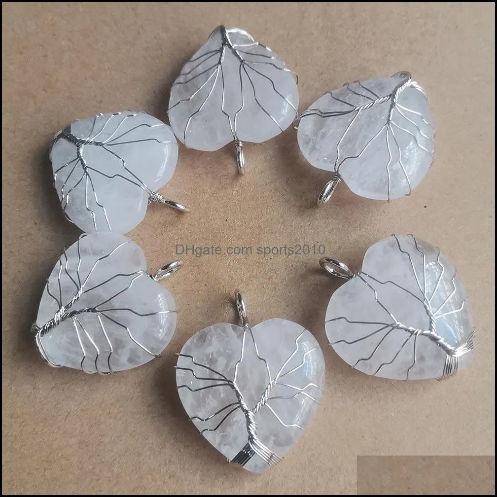 natural white crystal love heart charms handmade tree of life shape stone quartz pendants for jewelry accessories making wholesale