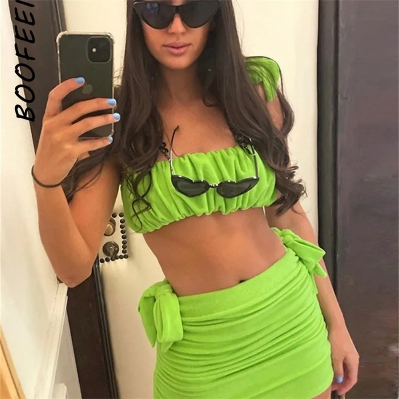 BOOFEENAA Women Clothing 2 Pieces Set Bow Tie Ruched Mini Skirts and Crop Top Sexy Summer Outfits Matching Sets C83CE29 220602