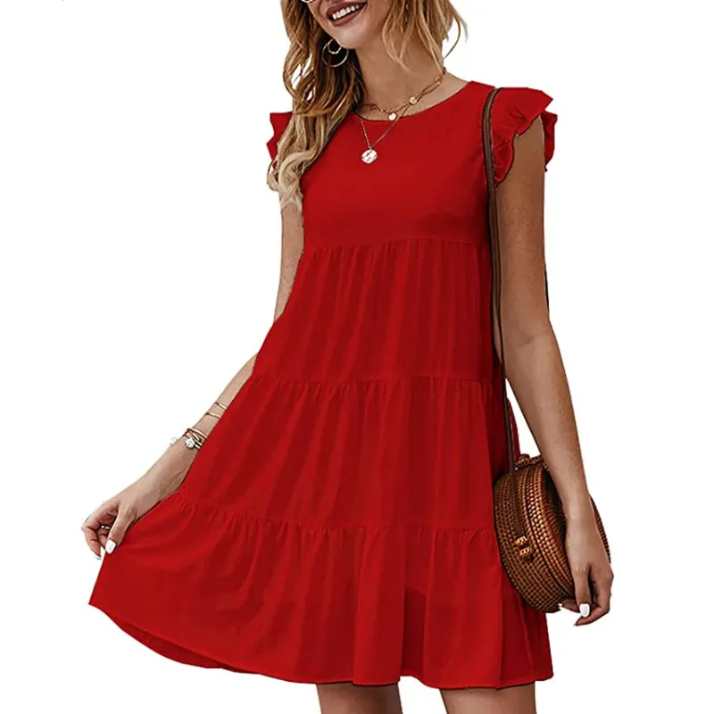 Flowy Pleated Mini Dress for Women - sleeve lessless Ruffle sleeve less, Round Neck, Solid Color, Loose Fit for Summer Casual Wear