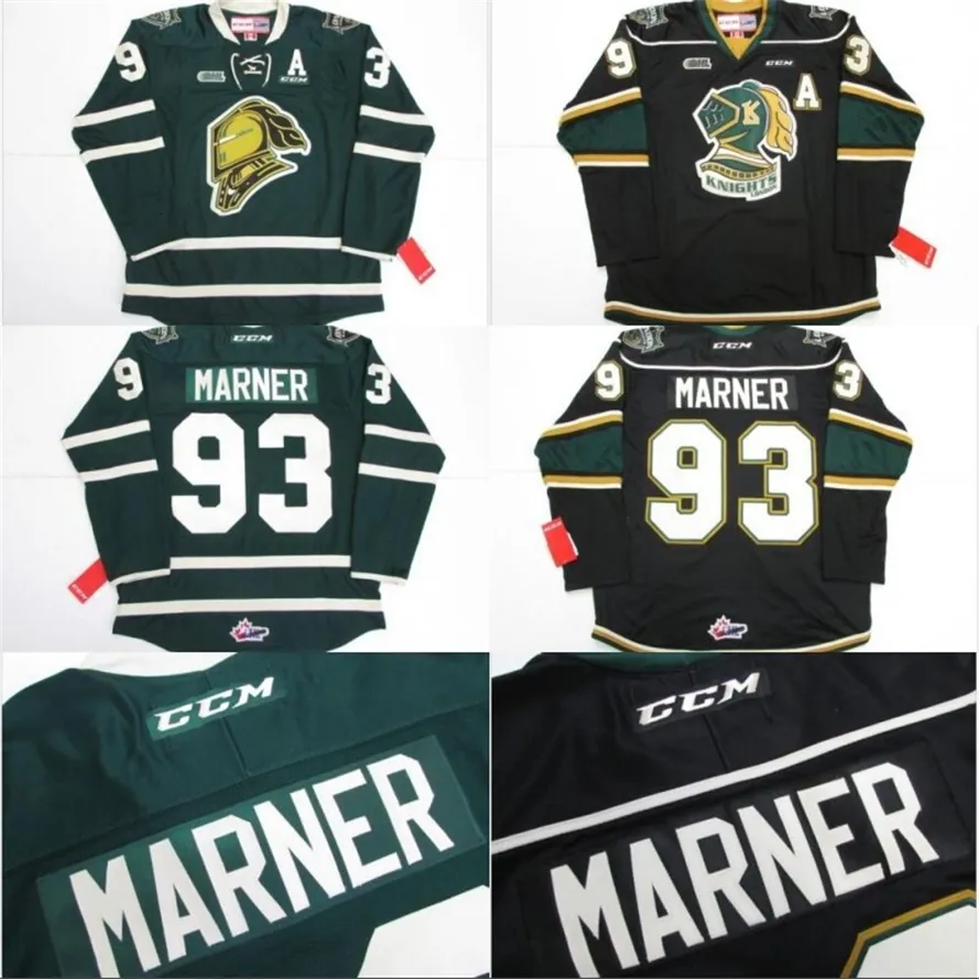 MIT # 93 Митч Марнер Джерси Охл Лондон Рыцари CCM Premer 7185 Mitch Marner Мужская 100% Вышитая вышивка Хоккей Хоккей Зеленый Черный