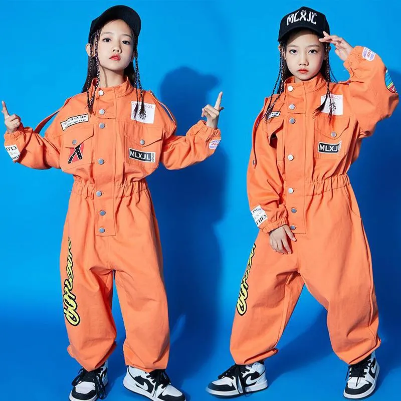 Stage Wear Kids Cool Short Sleeve Hip Hop Clothing Orange Jumpsuit Overalls For Girls Boys Jazz Dance Costume Ballroom Dancing ClothesStage