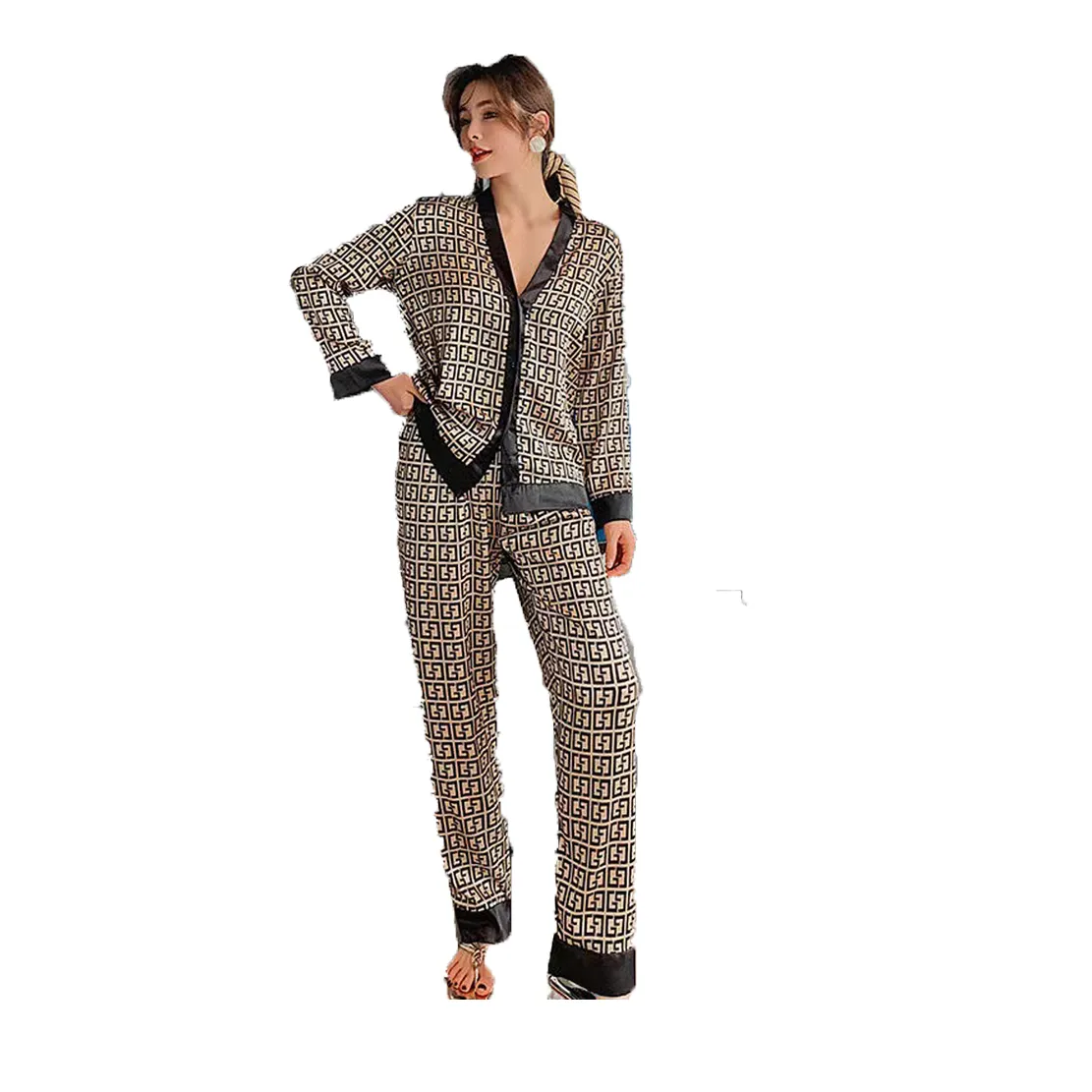 Set Di Pigiama Satinato Da Donna Pantaloni A Due Pezzi A V Neck