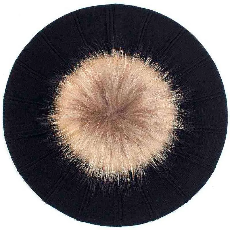 Vrouwen wollen blend mode elegant baret met echte pur pompom solide kleur casual winter Franse motorkap caps voor meisjes dame hoeden J220722