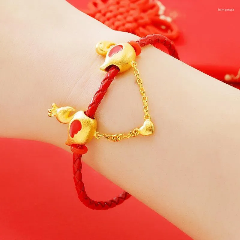 Link Chain 24K Gold Plated Bracelets For Women Girls Flamingos Heart Red Leather Rope Charm Bracelet Lover Couples Jewelry Gift Trum22