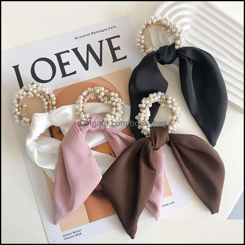 pearl streamer hair rope fashion accessories women solid color high elastic beaded bow hair ring rubber band ribbon tie headwear