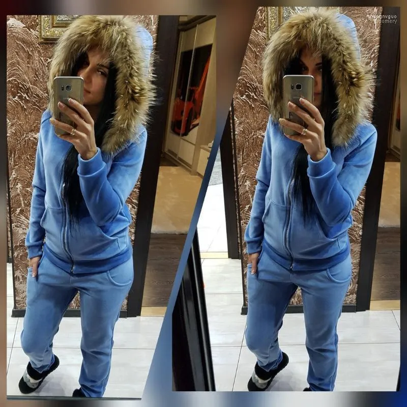 Kadınlar Özel Teklif Kapşonlu Giysiler 2022 Kadın Takımı Süet Spor Gündelik Kürk Yakalama Zipper Hoodie ve Pantolonlar 2 Parça Set Trailtsits