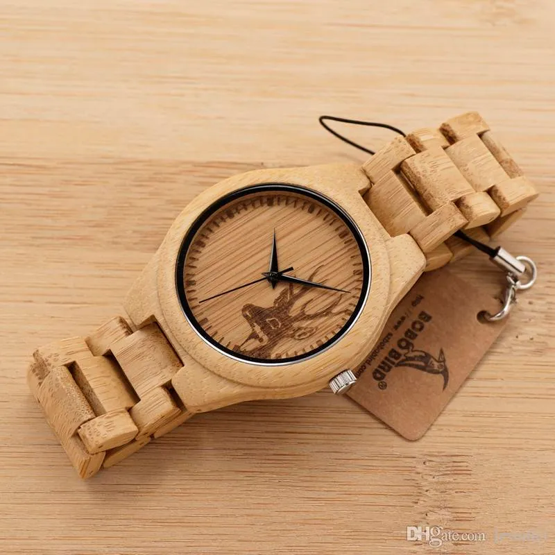 BOBO BIRD Classic Bamboo Wooden Watch Elk Deer Head casual wristwatches bamboo band quartz watches for men women