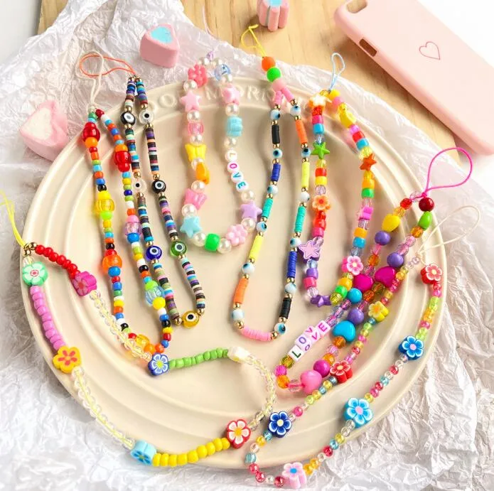 Colorful Soft Ceramic Strap Key Rings Lanyard Colorful Eye Beaded Rope for Cellphone Case Hanging Phone Chain Jewelry Gift Wholesale