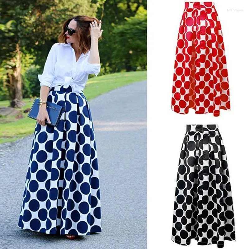 Saias de zíper vintage de cintura alta bolinhas de bolinhas impressas maxi saia outono casual mulheres elegantes longas skirtskirts preto/azul preto/vermelho