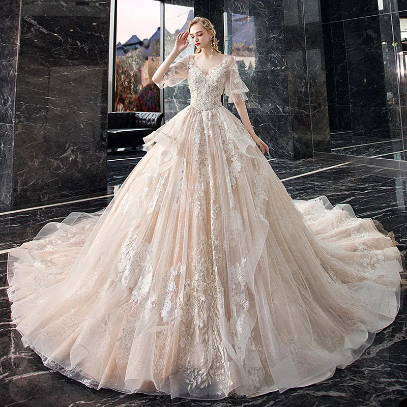 Unique Lace V-Neck Wedding Dress with 1/2 Sleeve and Lace-Up Back, Organza, Pearl Applique, Sweep Train from Dhgate A-Line Wedding Dresses - price 341.91 Unique Lace V-Neck Wedding Dress with 1/2 Sleeve and Lace-Up Back, Organza, Pearl Applique, Sweep Train from Dhgate A-Line Wedding Dresses - price 341.91