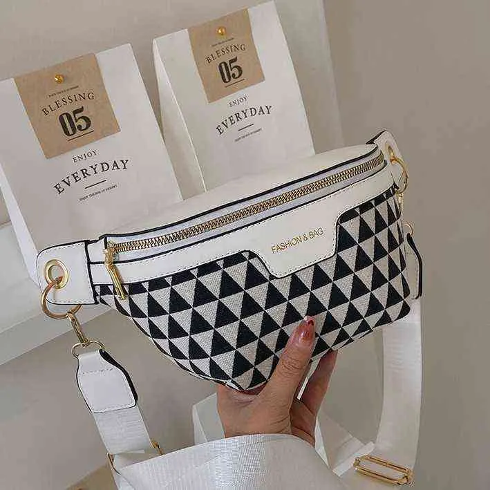 Midjepåsar Estetiska geometriska mönster Plaid Fanny Packs för kvinnor Stylish Canvas midjeväska Kvinnlig förpackning Brett band Crossbody Belt 220727