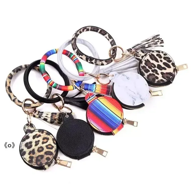 9 Colors Leather Tassels Bracelets Keychain Wristlet Earphone Bag Makeup Bag With Mirror Keyring Bluetooth Headset Storage Box C0421