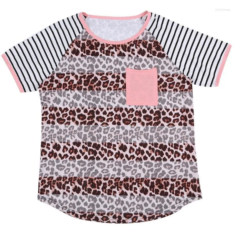 Kadın T-Shirt Yaz Leopar Baskı Cep Çizgili Kısa Kollu Kısa Kollu Kısa Kollu Kısa Kollu Ropa De Mujer O-Neck Top Phyl22