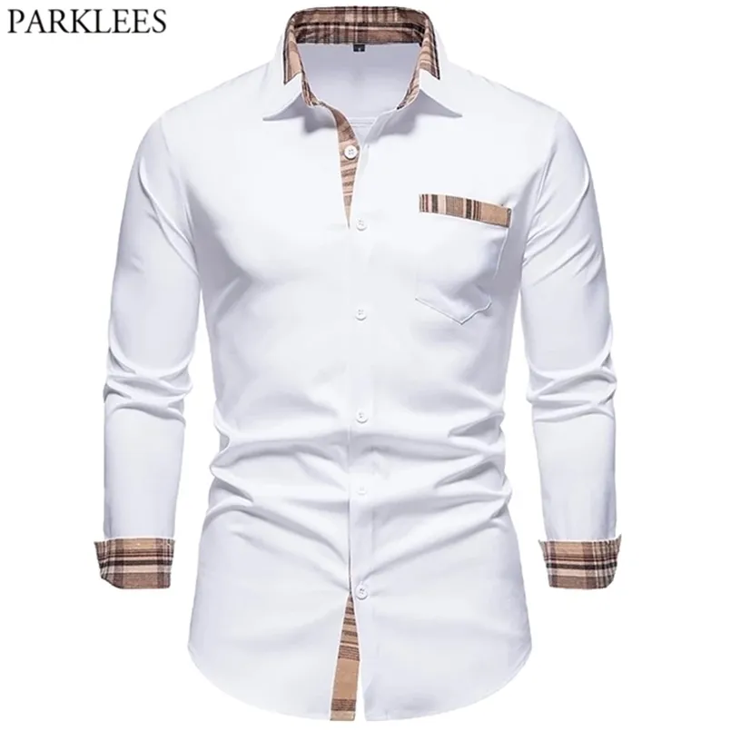 PARKLEES Autumn Plaid Patchwork Formal Shirts for Men Slim Long Sleeve White Button Up Shirt Dress Business Office Camisas 220401