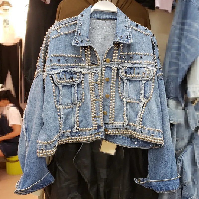 Vestes Femmes Femmes Harajuku Denim Manteau Lourd Main Perlée Rivet Court Jeans Printemps Automne Dame Casual Lâche Simple Boutonnage Top Y200101